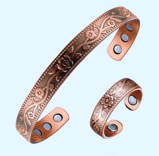 Flower Magnetic Copper Bangles And Magnetic Copper Ring Set 