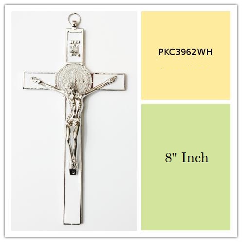 White Enameled 8 Inch Tall Metal Wall Cross