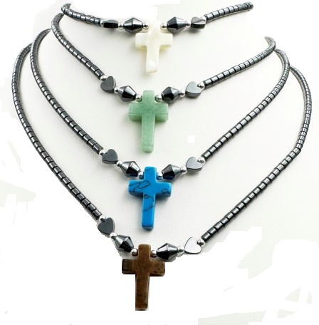 Dozen (12 PC.) Assorted Color Small Cross Hematite Necklaces #HN-0003A