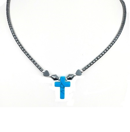 Dozen (12 PC.) Turquoise Small Cross Hematite Necklace #HN-0003TQ