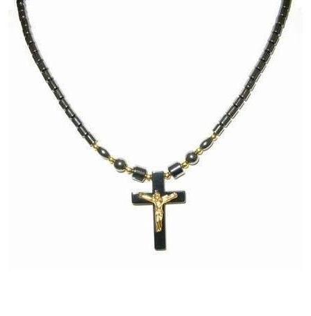 Dozen (12 PC.) Golden Crucifix Hematite Necklace #HN-0004