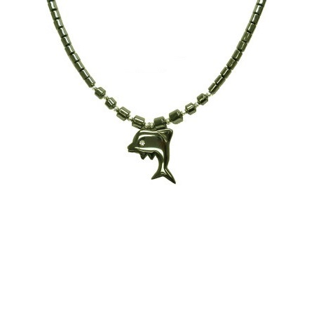 Dozen (12 PC.) Dolphin With Rhinestone Eye Hematite Necklace #HN-0026