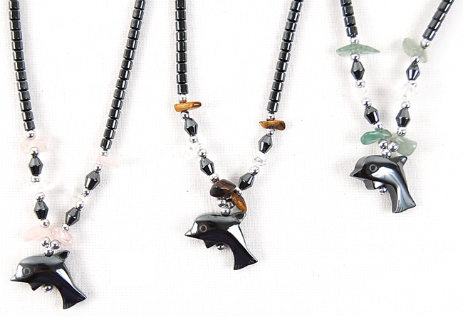 Dozen (12 PC.) Small Dolphin Hematite Necklace With Color Stone Beads #HN-0027