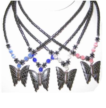 Dozen (12 PC.) Butterfly Hematite Necklaces W/ Fiber Optic Stone Beads on The Sides #HN-0047