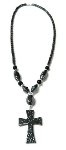 Dozen (12 PC.) Dotted Wide Cross Hematite Necklace (NON-Magnetic) #HN-0052