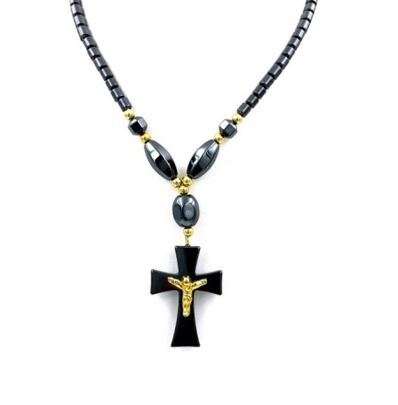 Dozen (12 PC.) Wide Golden Crucifix Cross Hematite Necklaces #HN-0053A
