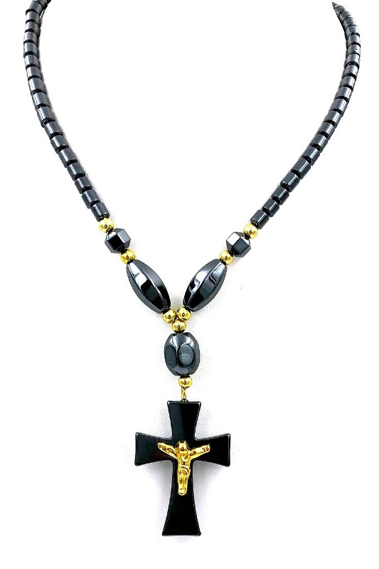 Dozen (12 PC.) Wide Golden Crucifix Cross Hematite Necklaces #HN-0053A