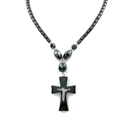 Dozen (12 PC.) Wide Silver Crucifix Hematite Necklace (NON-Magnetic) #HN-2253B