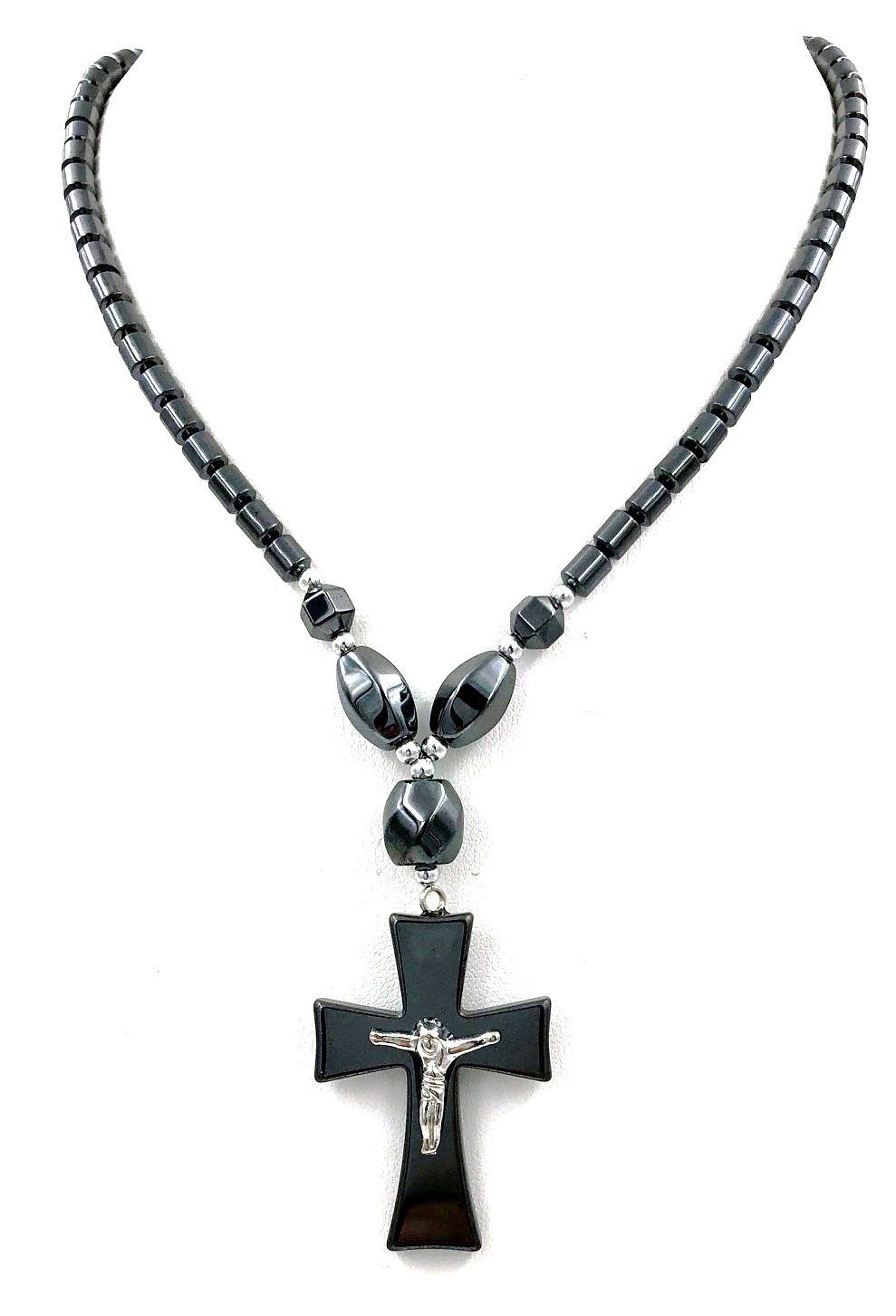 Dozen (12 PC.) Wide Silver Crucifix Cross Hematite Necklaces #HN-0053B