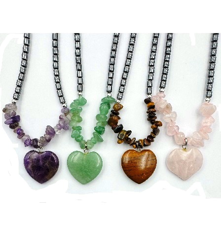 Dozen (12 PC.) Stone Heart w/Chip Stones Hematite Necklaces #HN-0076C