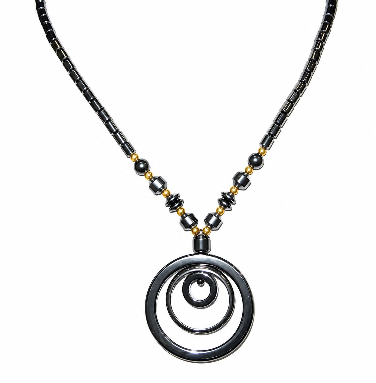 Dozen (12 PC.) Three Circles with Golden beads Hematite Necklaces #HN-0085G