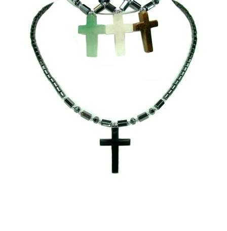 Dozen (12 PC.) Hematite Necklace With Semi Precious Stone Cross Pendant #HN-0093B