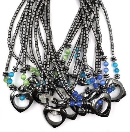 Dozen (12 PC.) Open Heart Hematite Necklaces With Fiber Optic Beads #HN-0101A