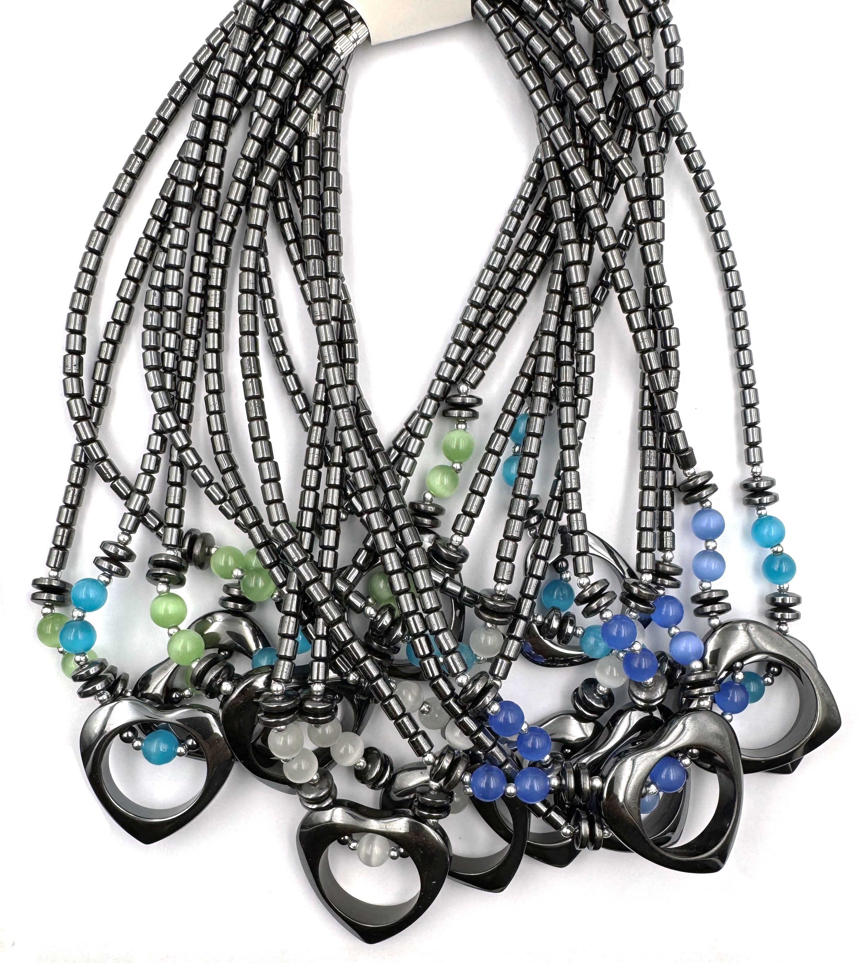 Dozen (12 PC.) Open Heart Hematite Necklaces With Fiber Optic Beads #HN-0101A