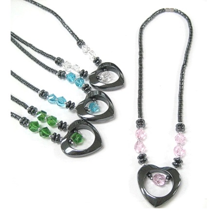 Dozen (12 PC.) Open Heart Hematite Necklace With Crystal Beads #HN-0101CR