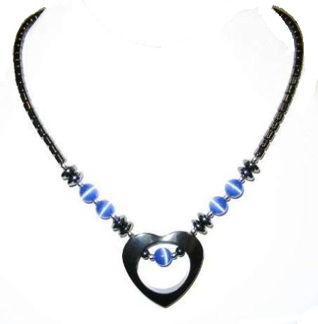 Dozen (12 PC.) Light Blue Fiber Optic Open Heart Hematite Necklace (NON-Magnetic) #HN-0101LB