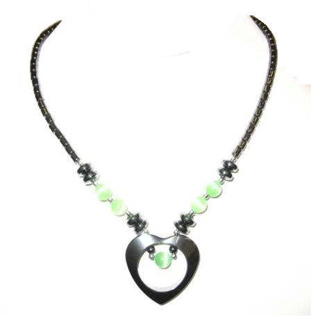 Dozen (12 PC.) Lime Green  Fiber Optic Open Heart Hematite Necklace (NON-Magnetic) #HN-0101LG