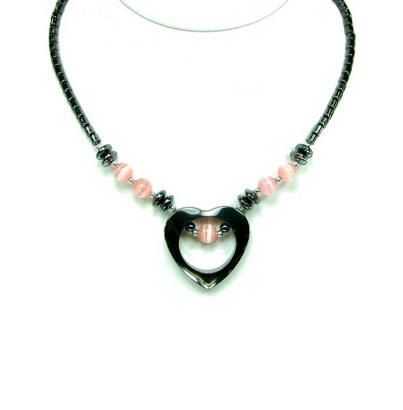 Dozen (12 PC.) Pink Fiber Optic Open Heart Hematite Necklace (NON-Magnetic) #HN-0101Pi