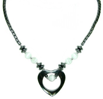 Dozen (12 PC.) White Fiber Optic Open Heart Hematite Necklaces #HN-0101WH