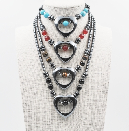 Dozen (12 PC.) Open Heart Hematite Necklace With Stone Beads #HN-0102NY