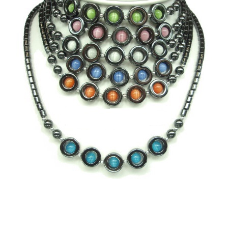Dozen (12 PC.) Donuts With Color Fiber Optic Beads Hematite Necklace #HN-0107A