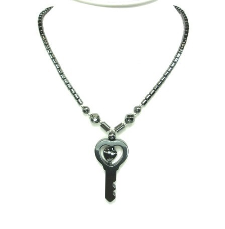 Dozen (12 PC.) Big Key with Heart In It Hematite Necklace #HN-0179