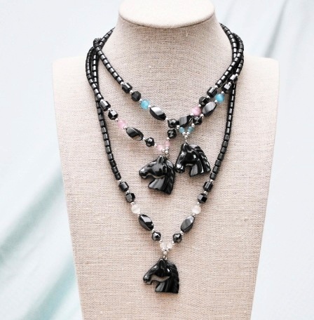 Dozen (12 PC.) Horse Head Hematite Necklace With Fiber Optic Beads On The Sides#HN-0184