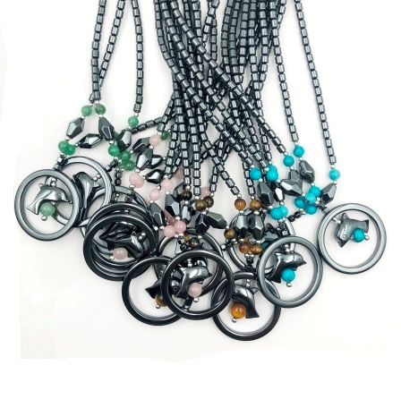Dozen (12 PC.) Dolphin in Circle with Assorted Stone Beads Hematite Necklaces #HN-0188