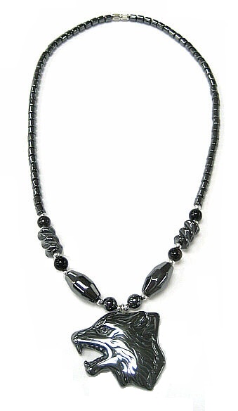 Dozen (12 PC.) 24" Long Wolf Head Hematite Necklace (NON-Magnetic) #HN-22220