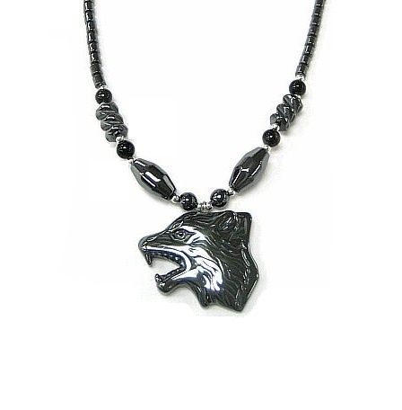 Dozen (12 PC.) 24" Long Wolf Head Hematite Necklace (NON-Magnetic) #HN-22220