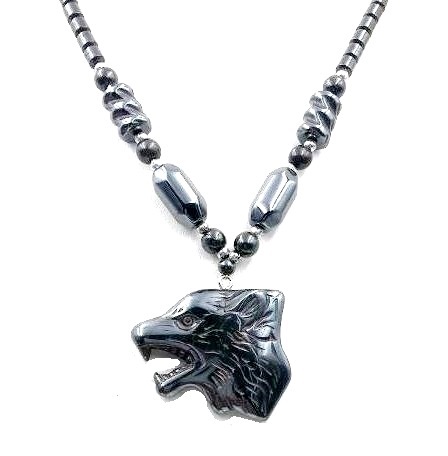 Dozen (12 PC.) Wolf Head Hematite Necklace (NON-Magnetic) #HN-0220A