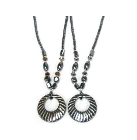 Dozen (12 PC.) 40mm Donut Hematite Necklace With Faceted AB Crystal Beads  #HN-0221