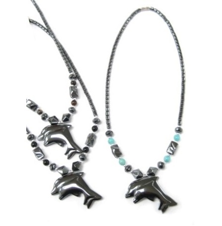 Dozen (12 PC.) Double Dolphin W/Stone Beads Hematite Necklace #HN-0244