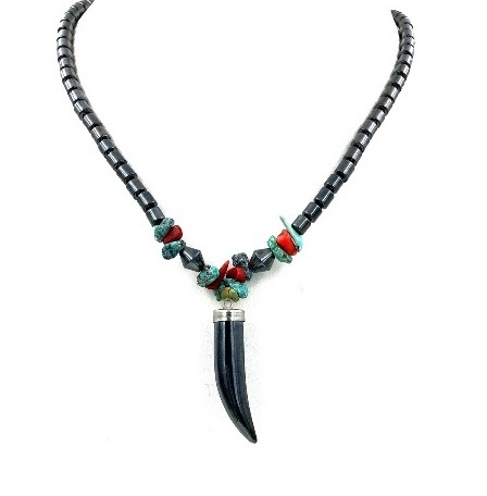 Dozen (12 PC.) 22" Black Horn With Red And Turquoise Beads Hematite Necklaces #HN-2211A