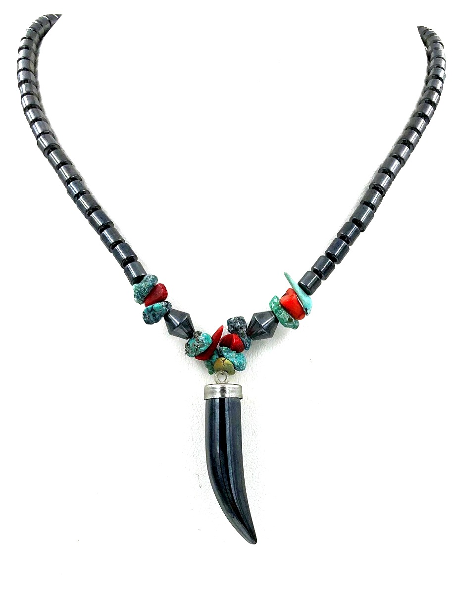 Dozen (12 PC.) 22" Black Horn With Red And Turquoise Beads Hematite Necklaces #HN-2211A