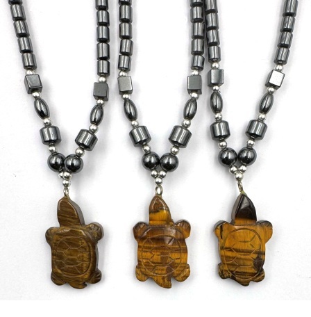 Dozen (12 PC.) 24" Tiger-eye Stone Turtle Hematite Necklace #HN-22125