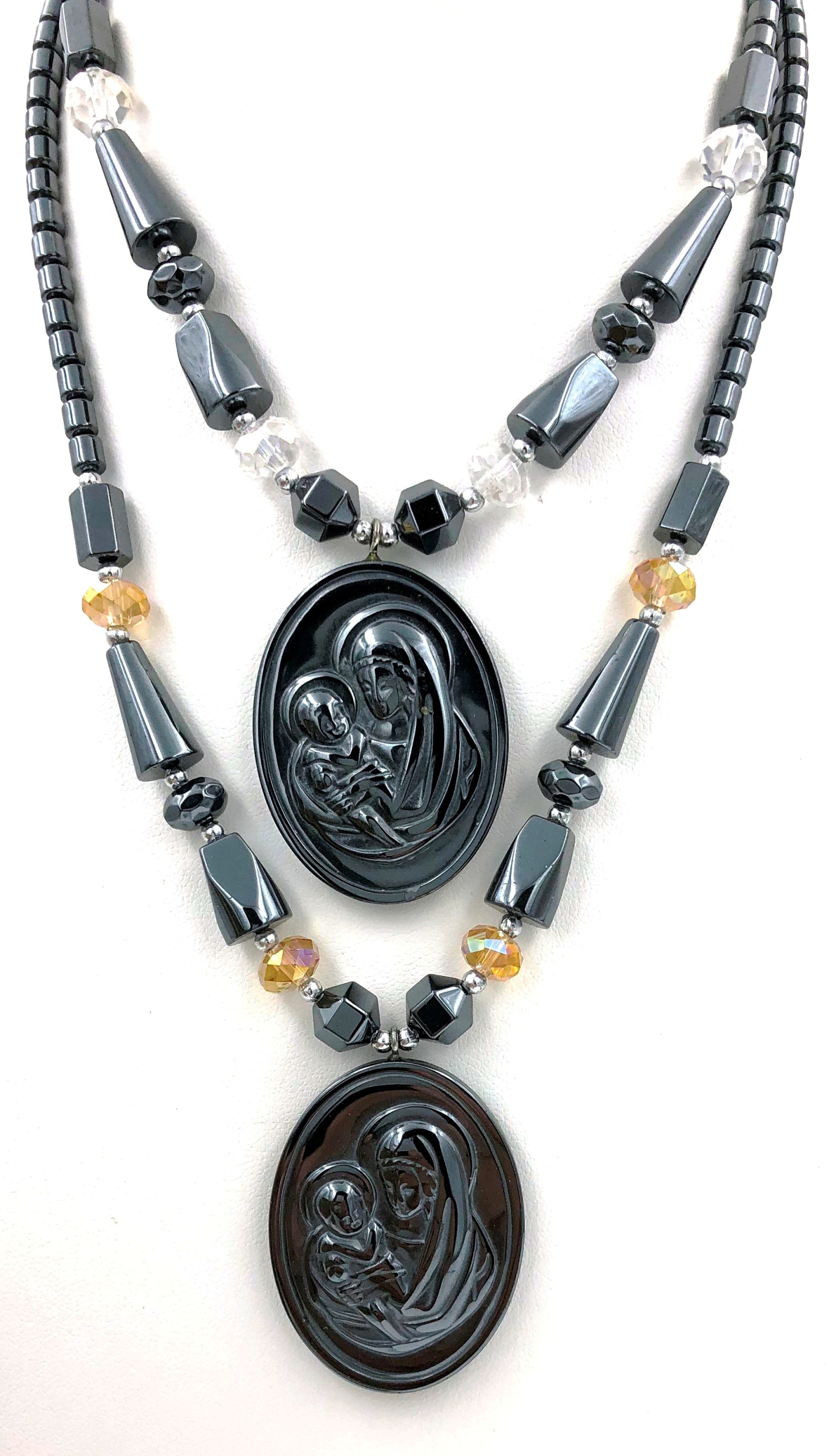 Dozen (12 PC.) Mary With Baby Jesus Hematite Necklaces #HN-80161