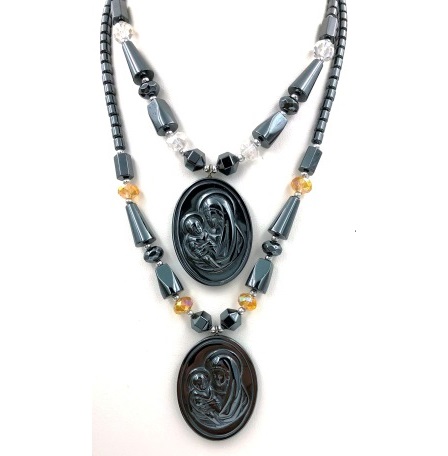 Dozen (12 PC.) Mary With Baby Jesus Hematite Necklaces #HN-80161