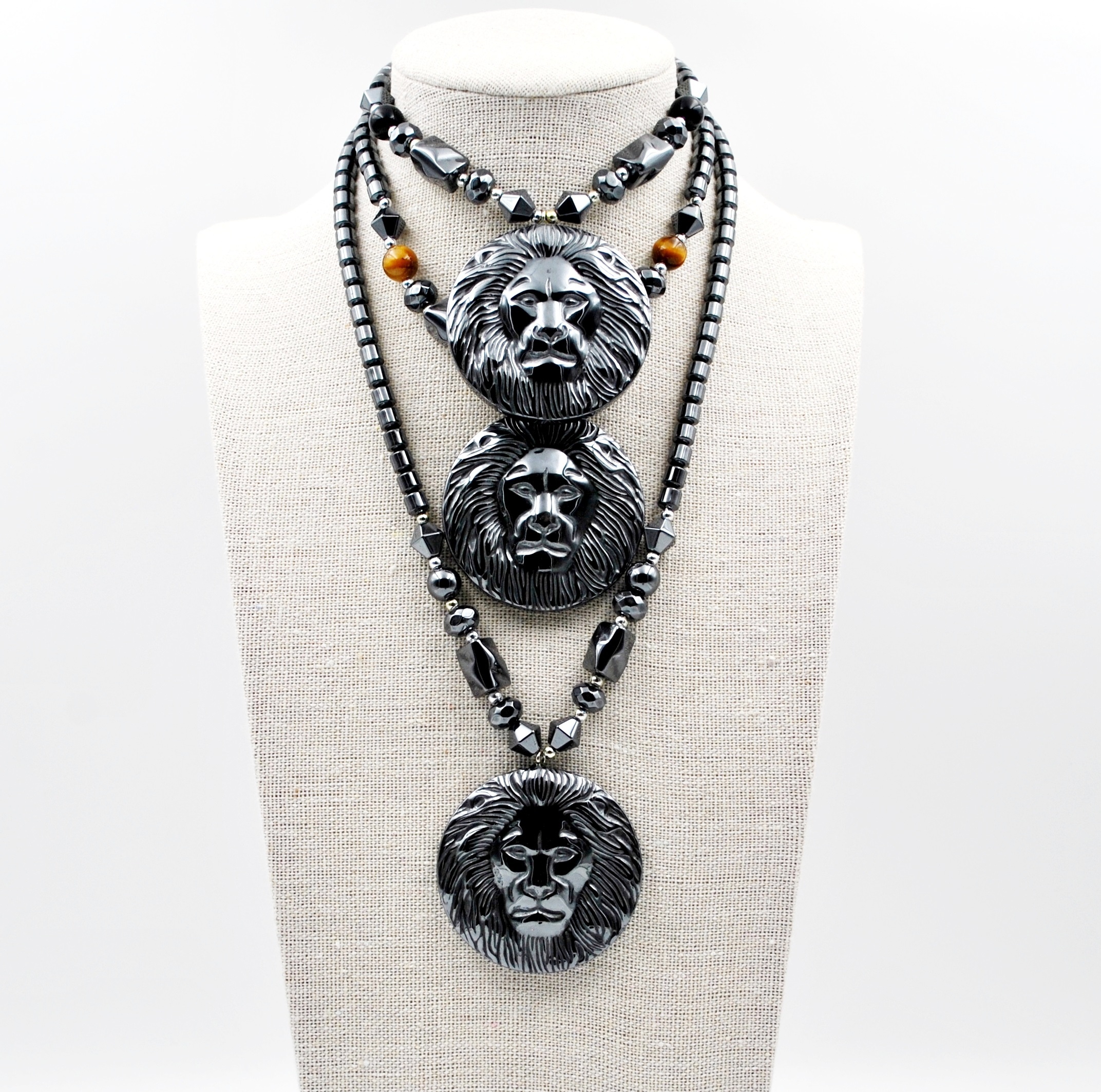 Dozen (12 PC.) Large Lion Head Hematite Necklaces #HN-80455
