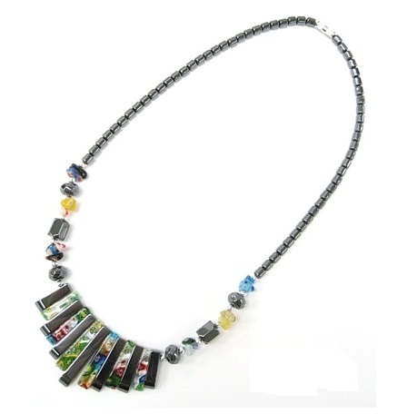 Dozen (12 PC.) Multi Murano Glass Fan Hematite Necklaces #HN-80658