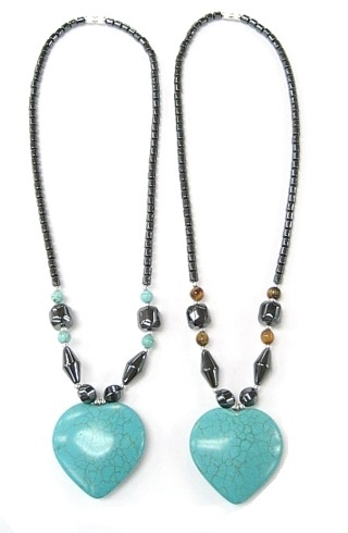 Dozen (12 PC.) Big Turquoise Heart Hematite Necklaces #HN-80731