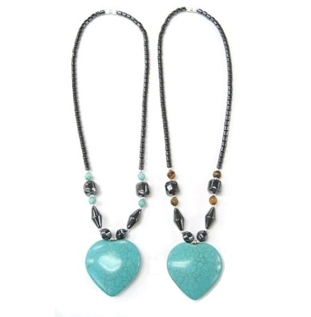 Dozen (12 PC.) Big Turquoise Heart Hematite Necklaces #HN-80731