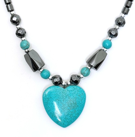 Dozen (12 PC.) Medium 1" Turquoise Heart Hematite Necklaces #HN-80735
