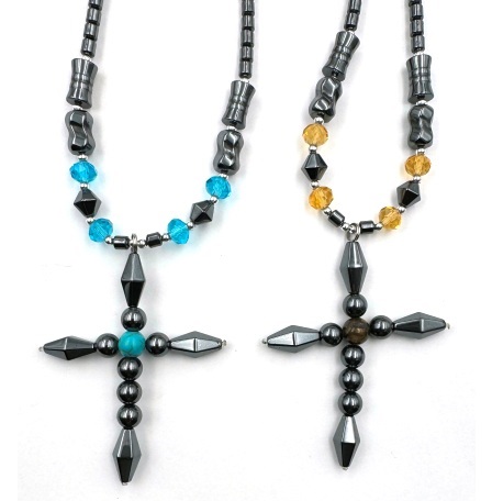 Dozen (12 PC.) Beaded Cross Hematite Necklaces #HN-80848