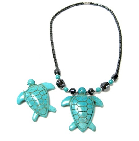 Dozen (12 PC.) Large Turquoise Turtle Hematite Necklace (NON-Magnetic) #HN-81063A