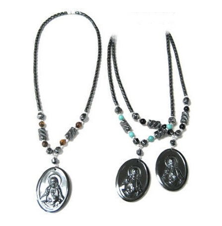 Dozen (12 PC.) Jesus Portrait Tag Hematite Necklace #HN-81323
