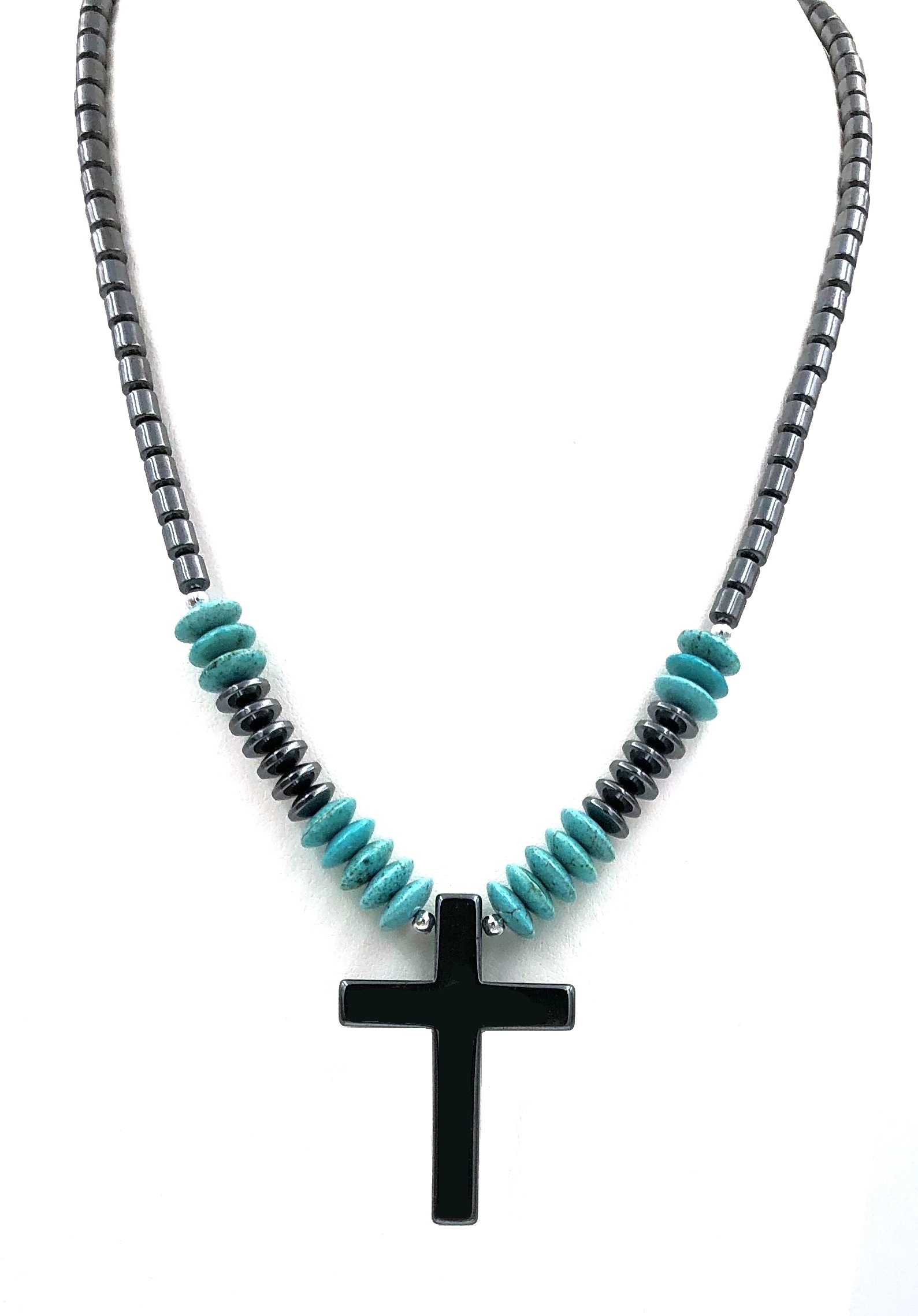 Dozen (12 PC.) Plain Cross with Turquoise Beads Hematite Necklace #HN-83306