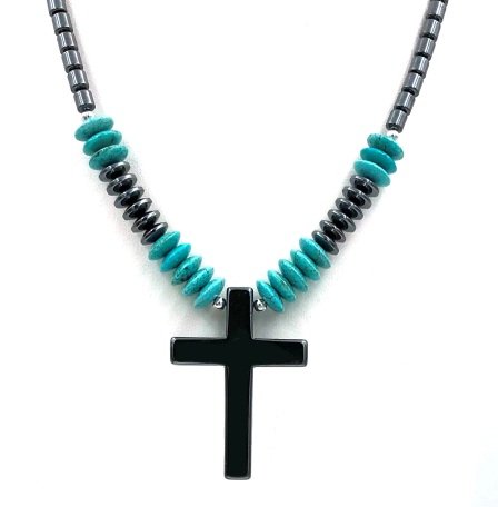 Dozen (12 PC.) Plain Cross with Turquoise Beads Hematite Necklace #HN-83306