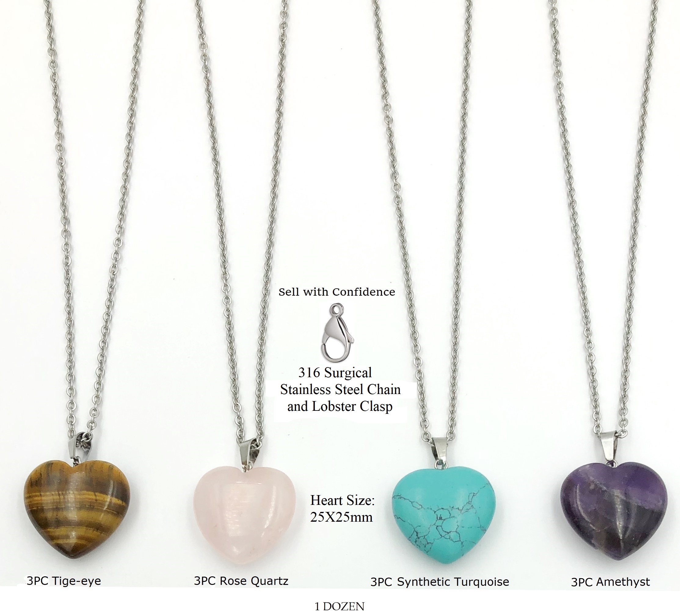 Dozen (12 PC.) Assorted Stone 25mm Heart Necklaces with 18" Long Grade 316 Stainless Steel Chains & Clasps #SHN-300