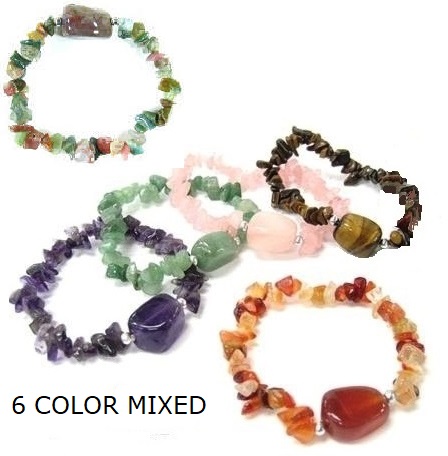 Dozen 12 PC. Mixed 6 Colors Chip Stone Bracelets With Nugget #CB-83